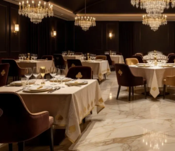 Cinematiczna sala restauracyjna z nastrojowym oświetleniem podczas wieczoru pokerowego