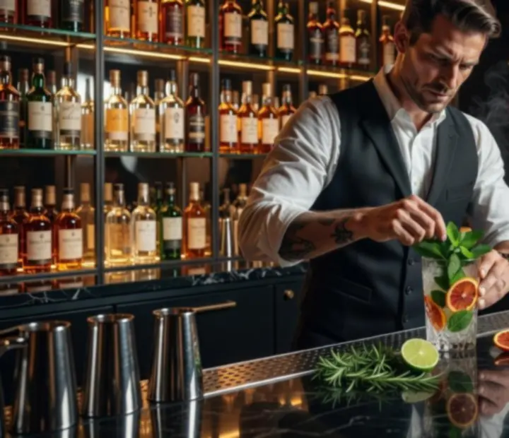 Barman przygotowujący autorski koktajl przy eleganckim barze