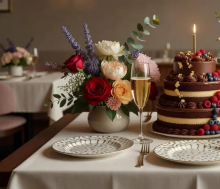 Stół urodzinowy z eleganckim tortem i zastawą w restauracji