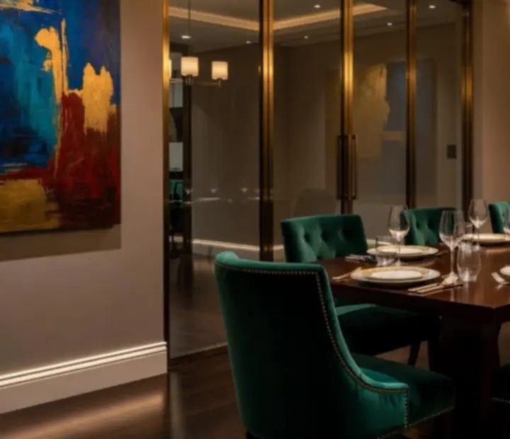 Luksusowa prywatna sala restauracyjna z eleganckim nakryciem stołu