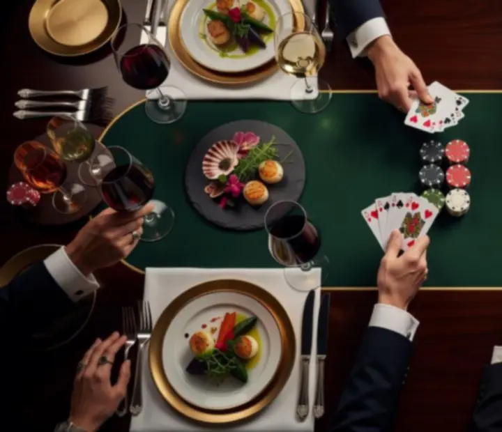 Degustacyjne dania fine dining serwowane przy stole pokerowym