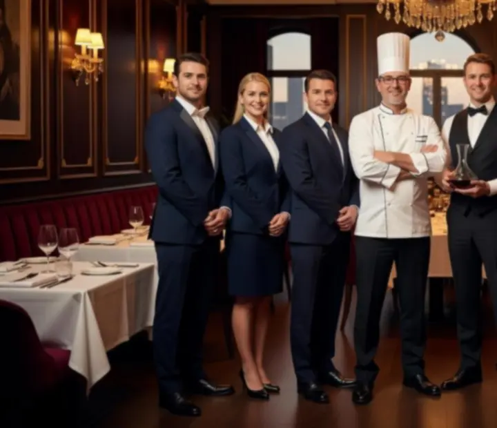 Elegancko ubrany zespół restauracji pozujący w stylowym wnętrzu.